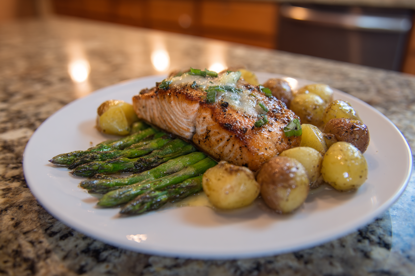 One-Pan Lemon Herb Salmon with Crispy Potatoes & Cheesy Asparagus