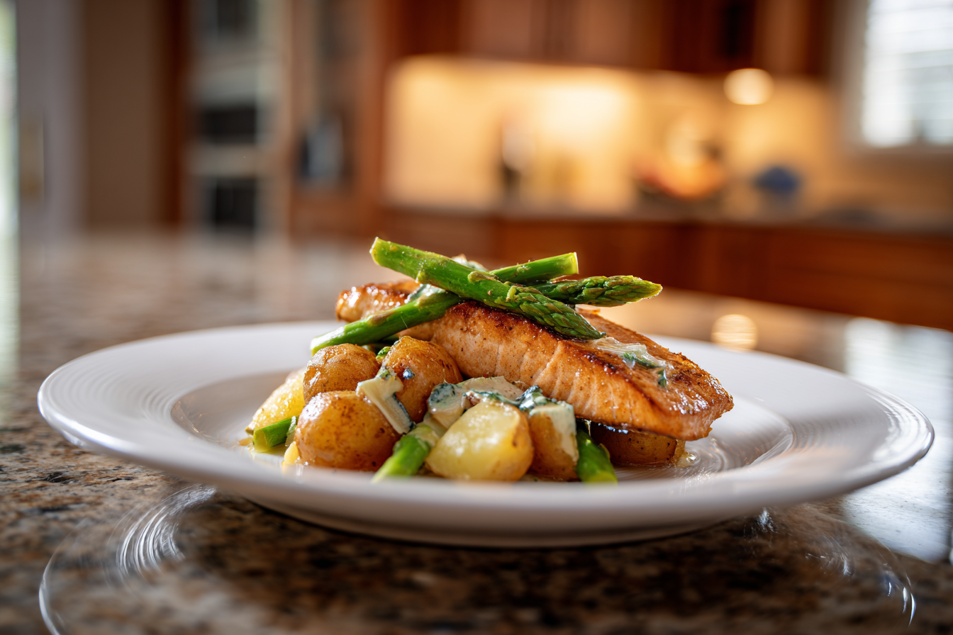 One-Pan Lemon Herb Salmon with Crispy Potatoes & Cheesy Asparagus