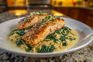 One-Pan Lemon Orzo Salmon with Spinach