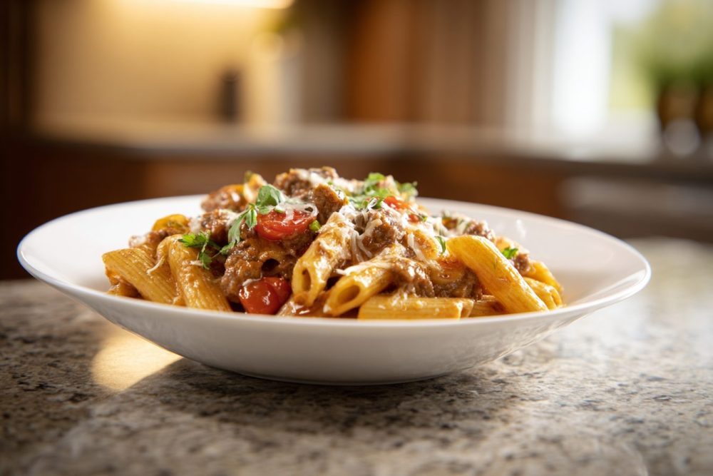 One-Pan Skillet Pasta: Easy Beef & Cheese Weeknight Wonder for Two