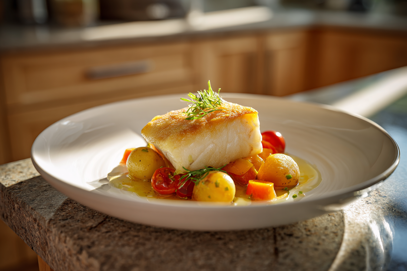 Pan-Seared White Fish with Roasted Potatoes and Carrots