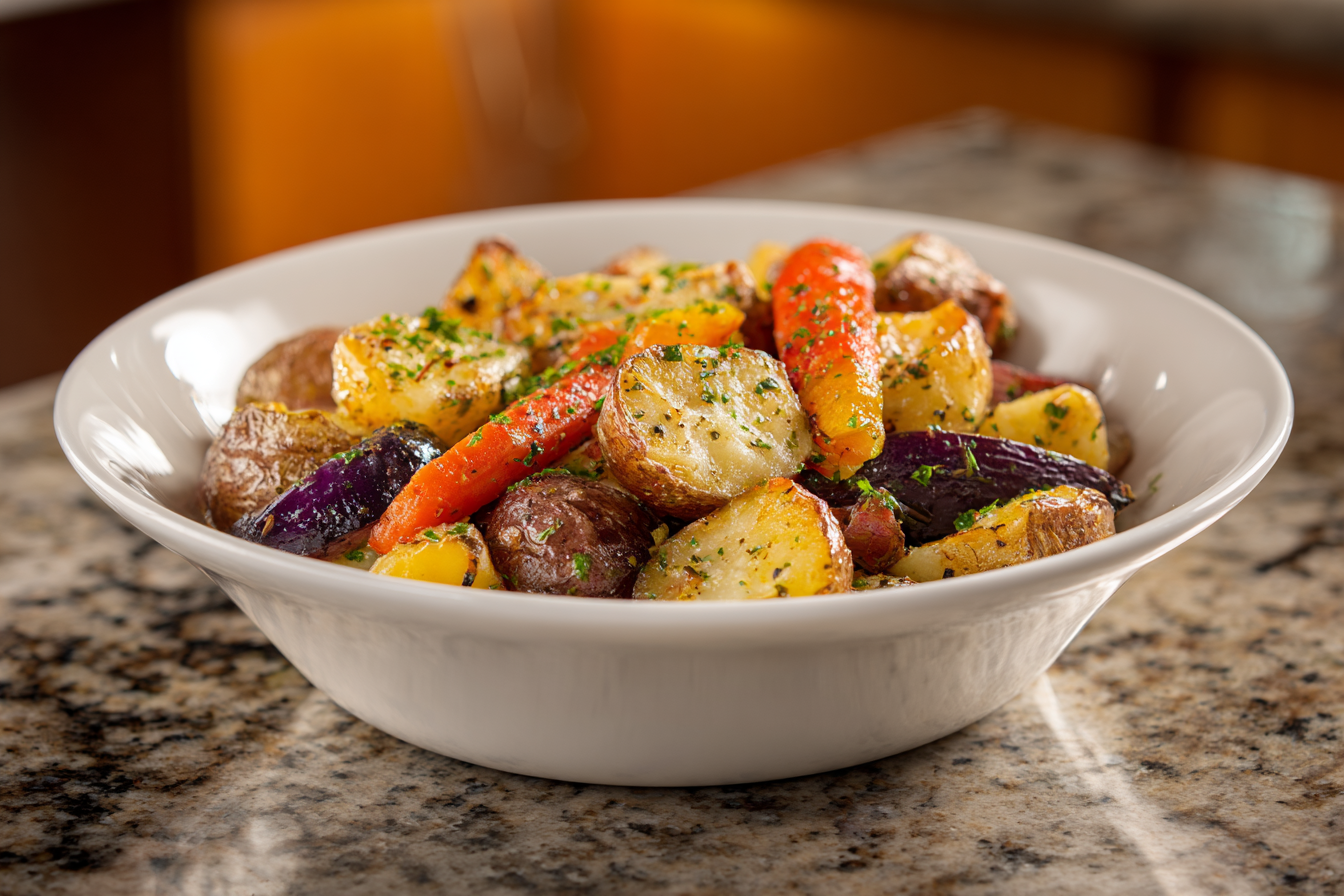 Roast Perfection: Garlic Herb Roasted Potatoes, Carrots, and Broccoli Recipe