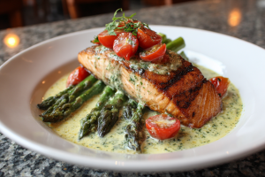 Seared Salmon with Creamy Pesto and Roasted Vegetables