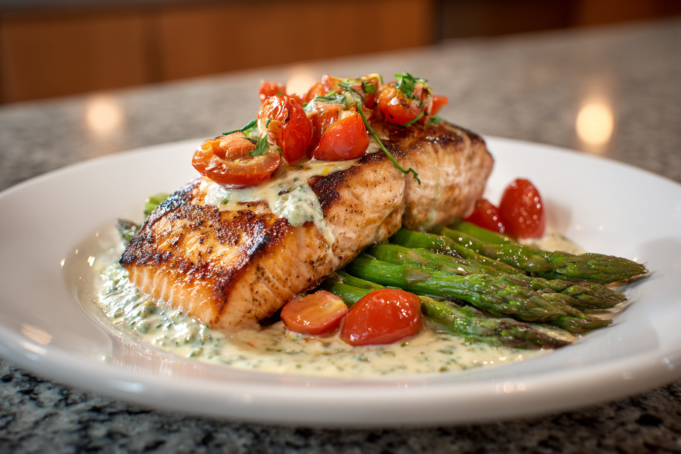 Seared Salmon with Creamy Pesto: A Weeknight Wonder with Roasted Veggies