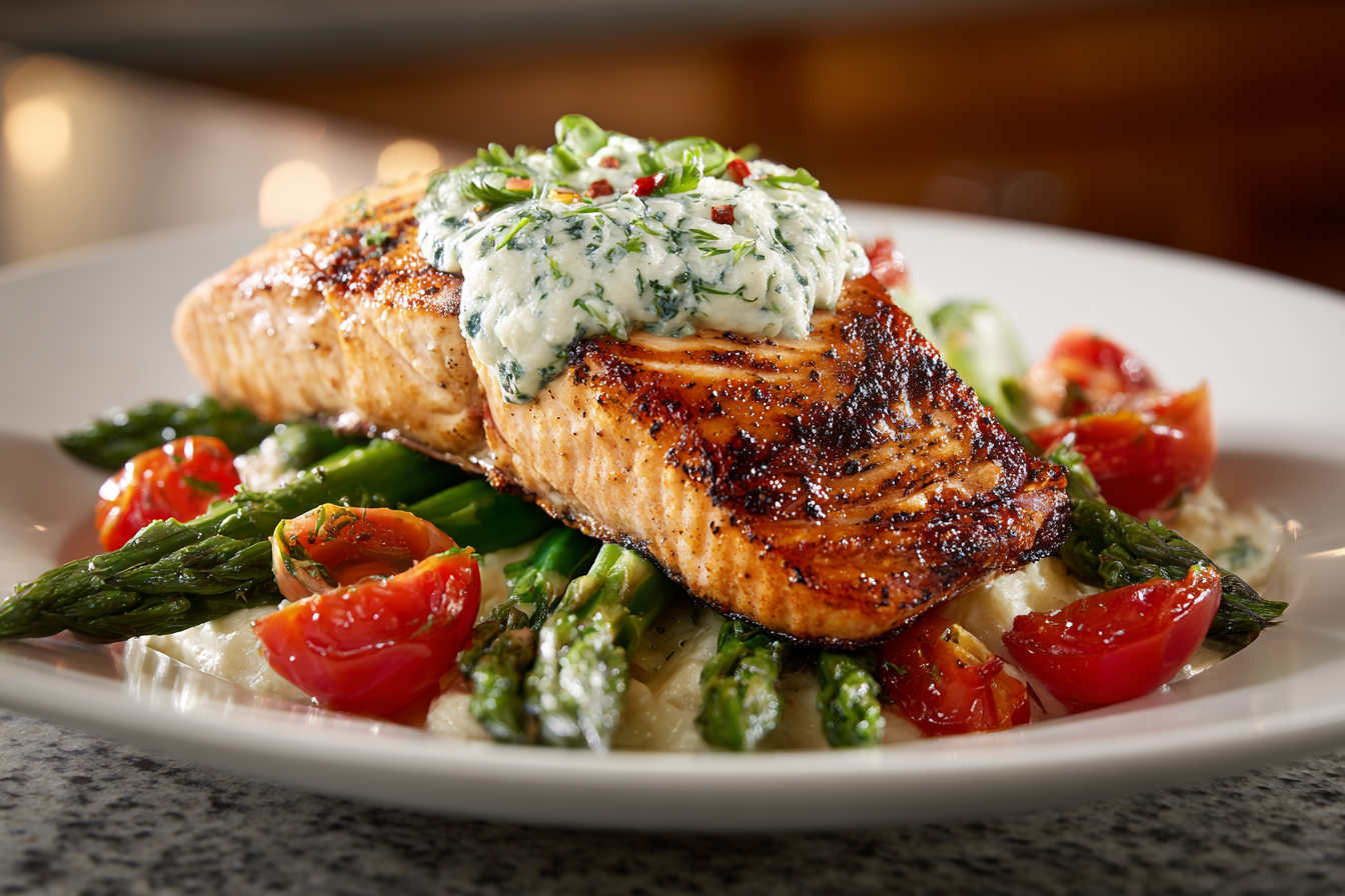 Seared Salmon with Creamy Pesto: A Weeknight Wonder with Roasted Veggies