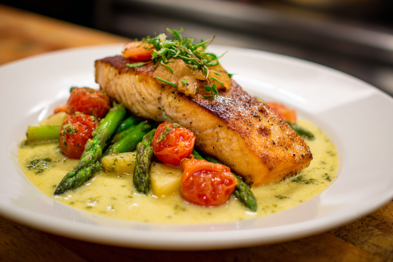 Seared Salmon with Creamy Pesto: A Weeknight Wonder with Roasted Veggies