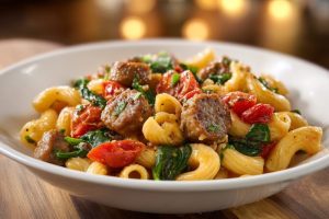 Skillet Sausage, Spinach, and Tomato Pasta