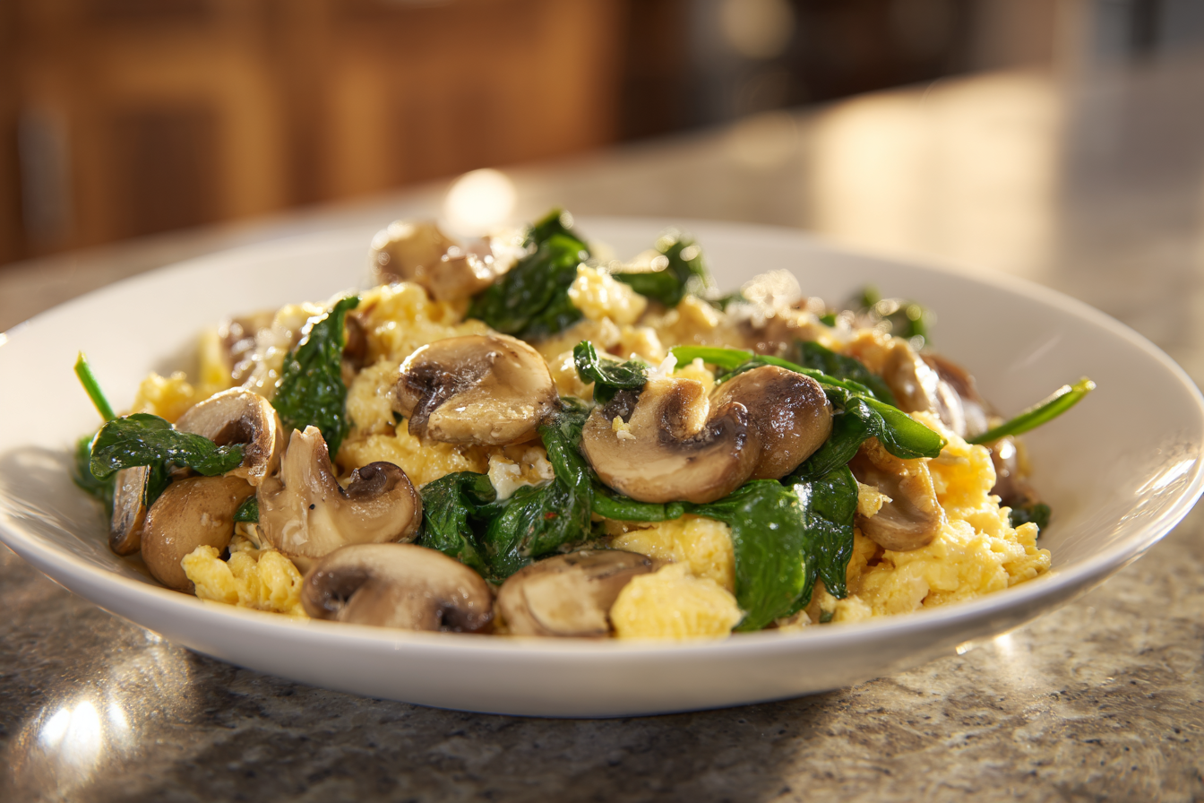 Skillet Scramble: Protein-Packed Eggs with Sautéed Mushrooms and Spinach