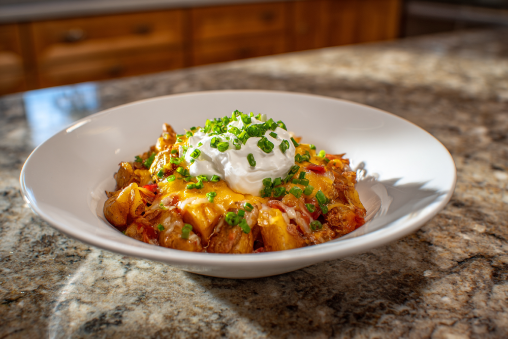 Spicy Beef & Potato Taco Bowls with Cool Sour Cream Drizzle