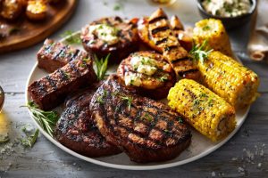 Juicy Grilled Burgers with Cheddar & Smoky Corn on the Cob
