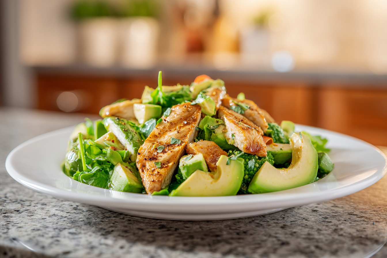 Summery Grilled Chicken Avocado Salad with Creamy Guacamole Dressing