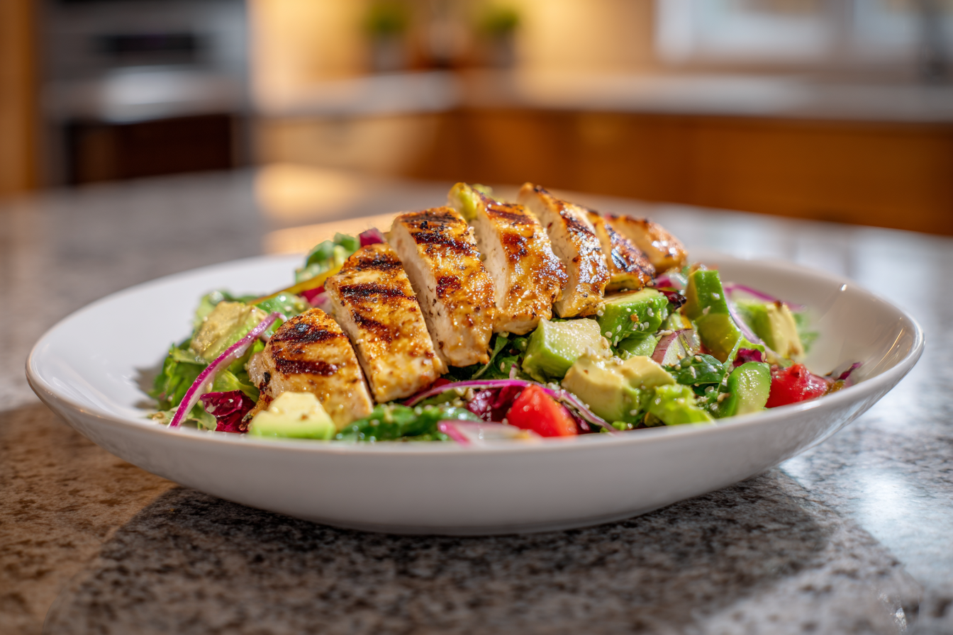 Summery Grilled Chicken Avocado Salad with Creamy Guacamole Dressing