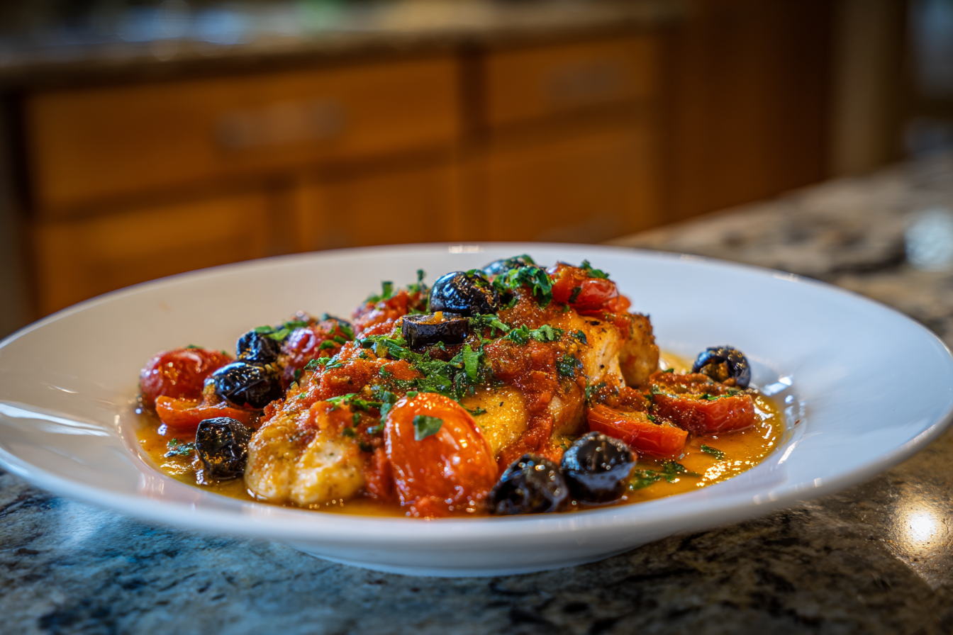 Sun-Kissed Mediterranean Baked Fish with Juicy Tomatoes & Briny Olives