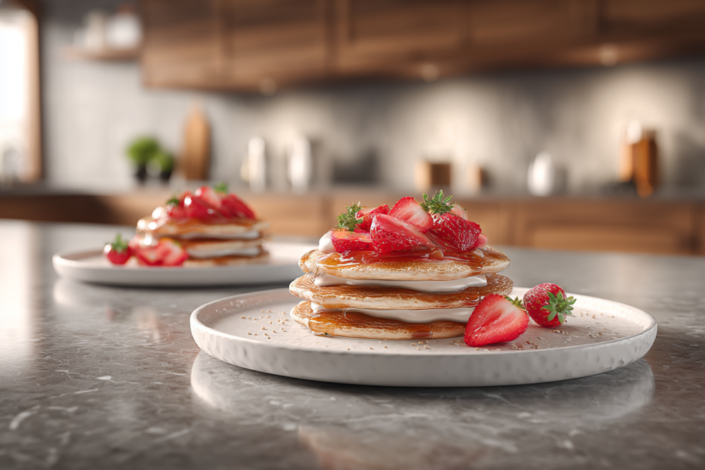 Sunrise Sweetness: Fluffy Pancakes with Fresh Strawberry Bliss