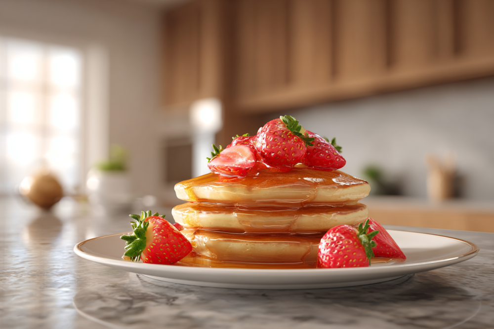 Sunrise Sweetness: Fluffy Pancakes with Fresh Strawberry Bliss