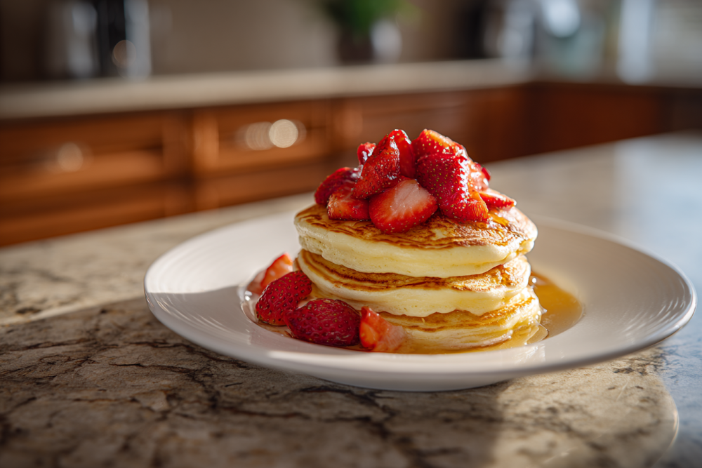 Sunrise Sweetness: Fluffy Pancakes with Fresh Strawberry Bliss