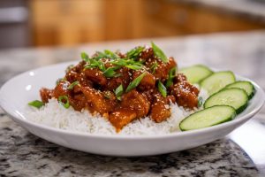 Sweet & Spicy Gochujang Chicken with Rice & Cucumbers