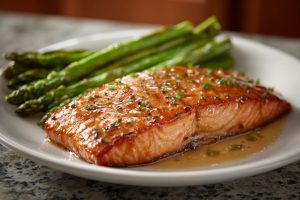 Sweet Maple Glazed Salmon Fillets with Grilled Asparagus