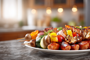 Grilled Steak, Vegetables & Skewered Sausages