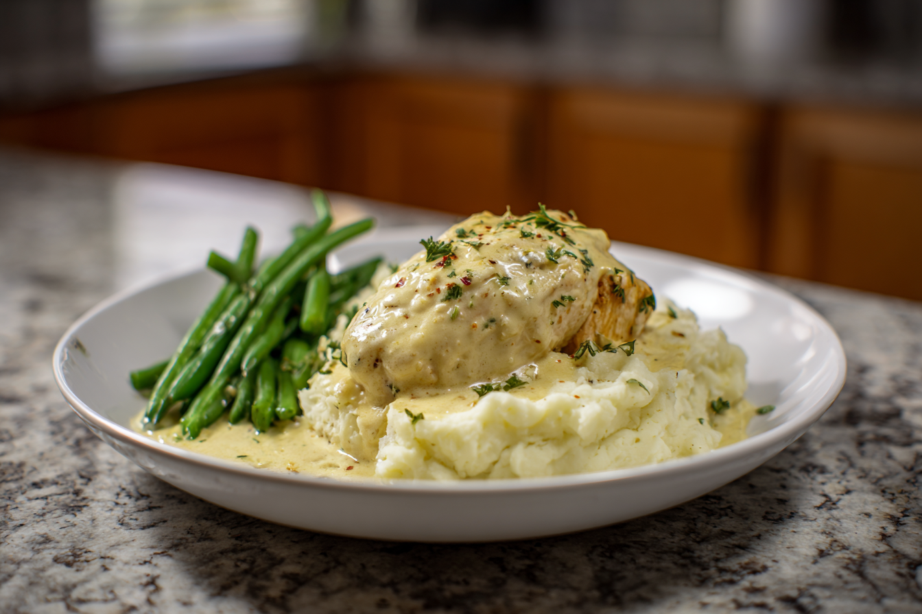 Ultimate Creamy Garlic Chicken with Dreamy Mashed Potatoes and Green Beans