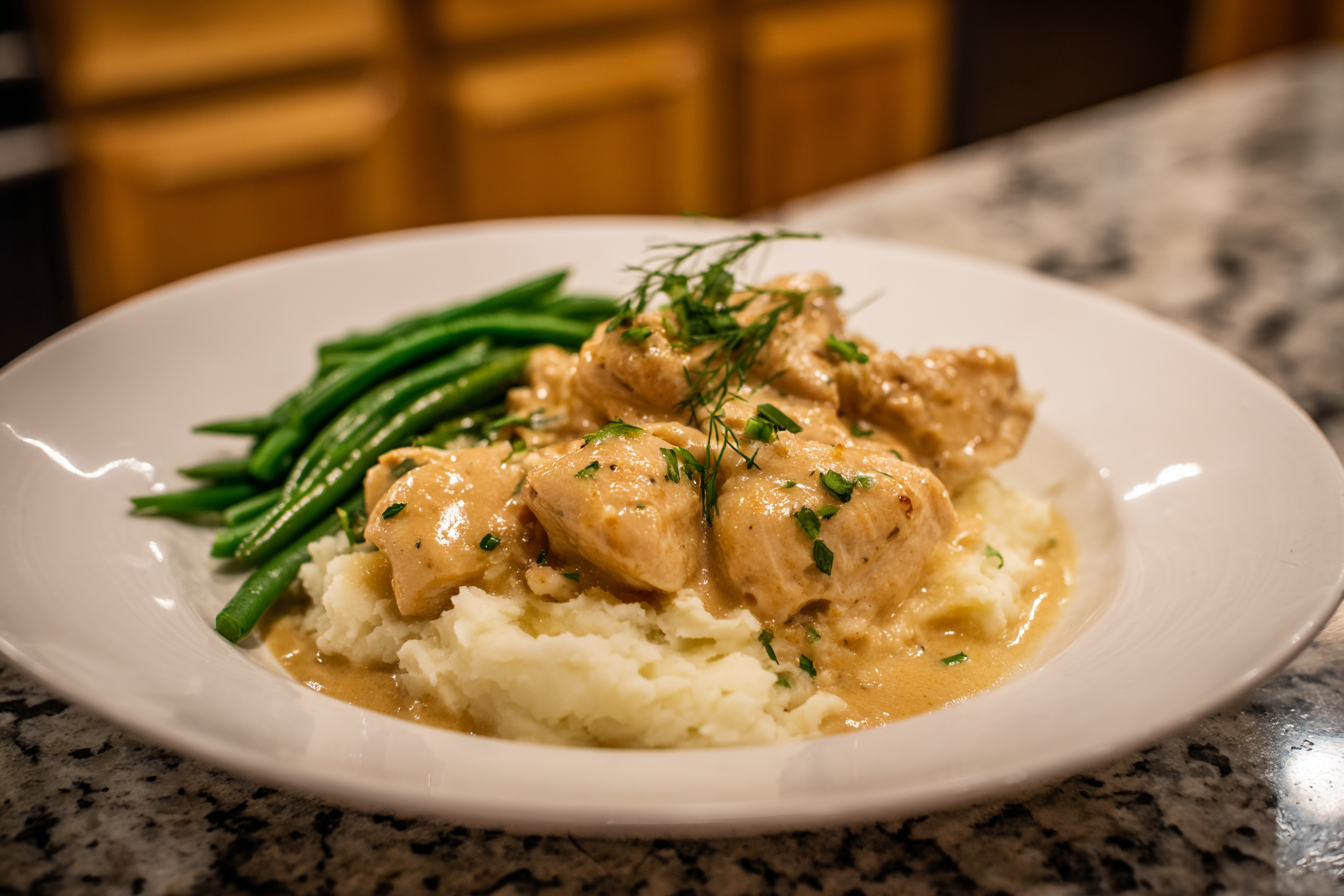 Ultimate Creamy Garlic Chicken with Dreamy Mashed Potatoes and Green Beans