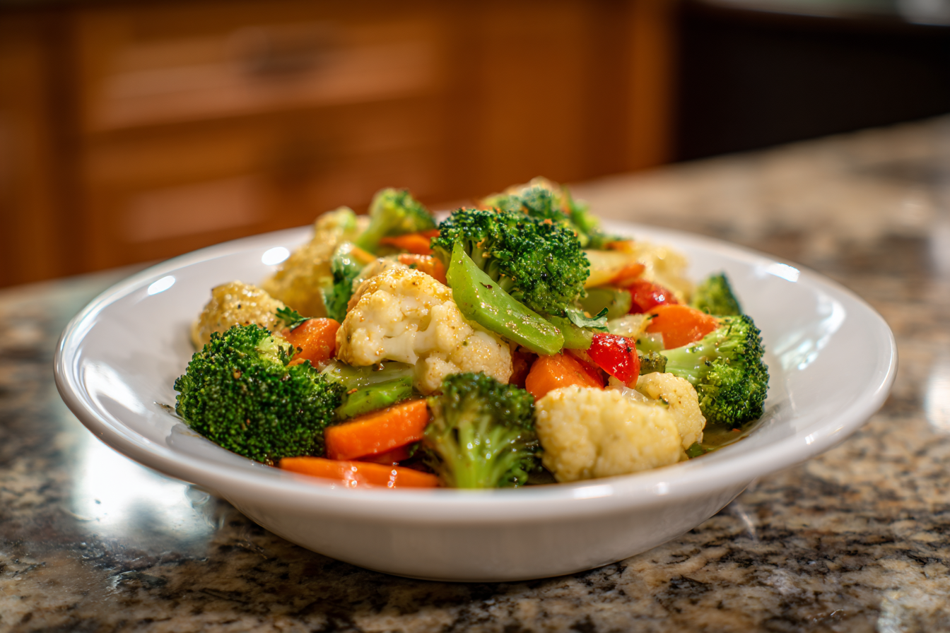 Vibrant Veggie Power Bowl: A Wholesome Broccoli, Cauliflower, and Carrot Medley