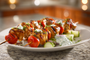Zesty Lemon-Herb Grilled Chicken Skewers with Creamy Feta Dip