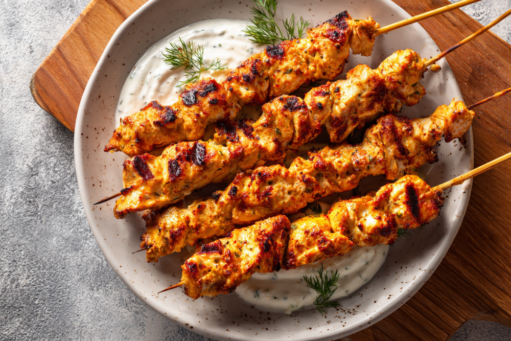 Zesty Lemon-Herb Grilled Chicken Skewers with Creamy Feta Dip