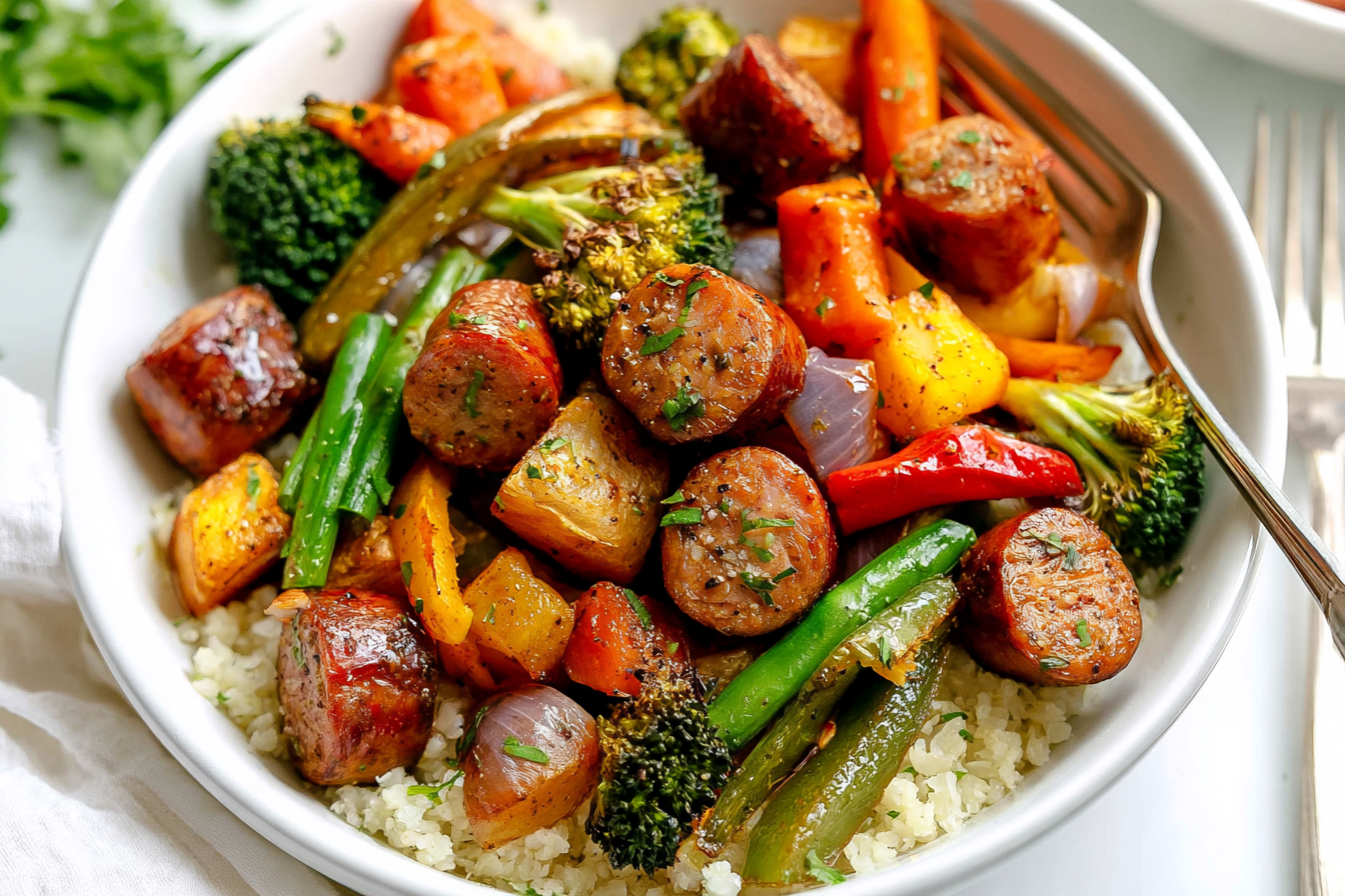 Air Fryer Chicken Sausage and Veggies (10 Minute Weeknight Dinner)