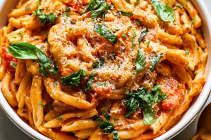 One Pan Creamy Tomato Pasta with Spinach and Mozzarella